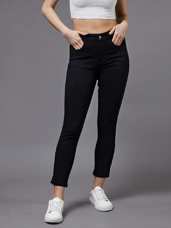 Colored Jeans for Variety -Women's Black OD Skinny High Rise Clean Look Cropped Stretchable Denim Jeans