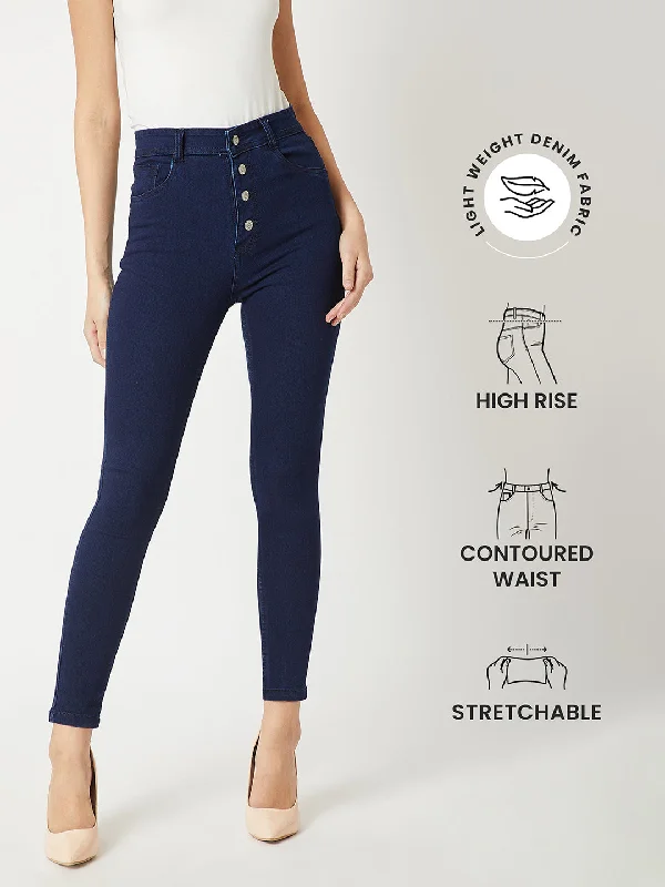 Relaxed Jeans for Comfortable -Women's Navy Blue Skinny Fit High Rise Regular Length Clean Look Stretchable Denim Jeans