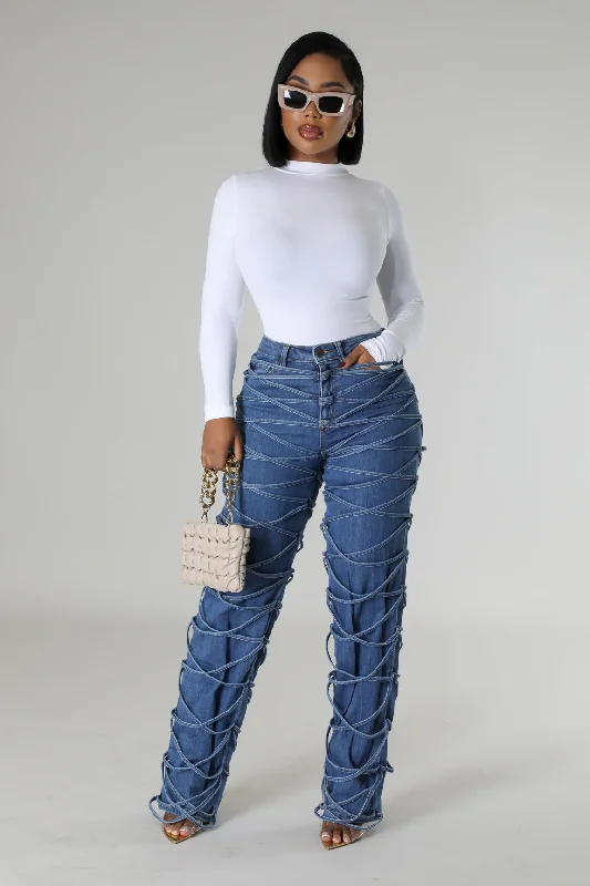 Trendy high-waisted straight jeans for women’s wear -Tied Up Jeans