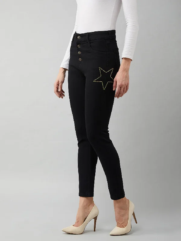 White Jeans for Fresh Look -Women's Black Cotton Skinny Fit Relaxed High Rise Regular Length Stretchable Denim Jeans