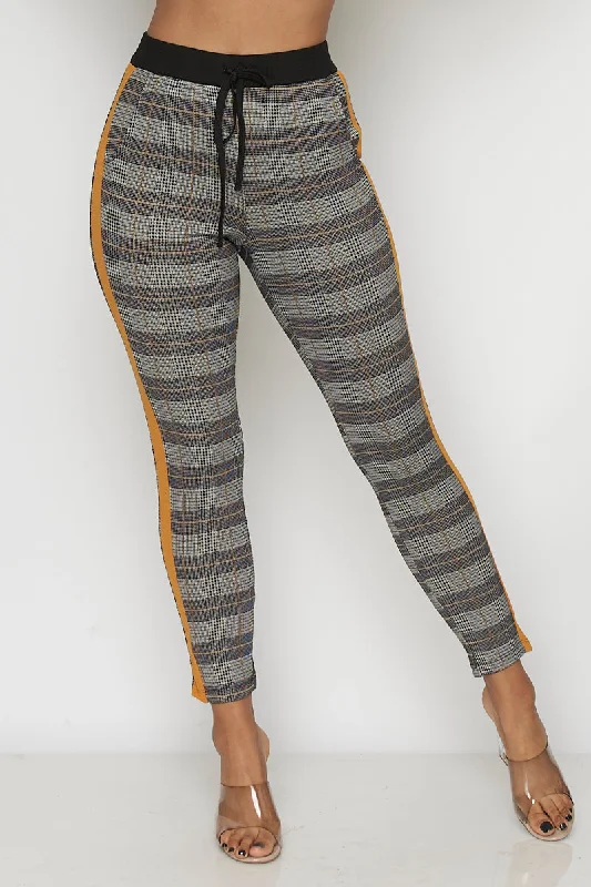 Mid-rise faded straight jeans for easy styling -Plaid Pants Elastic on Waist W- Solid Line On The Sides (93816)