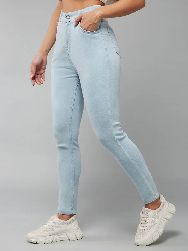 Frayed Hem Jeans for Edgy -Women's Light Blue Skinny High Rise Clean Look Cropped Stretchable Denim Jeans