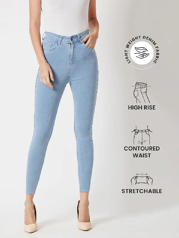 Party Jeans for Night Out -Women's Light Blue Skinny High-Rise Clean Look Cropped Denim Jeans