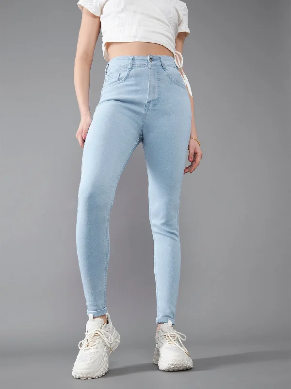 Stretch Jeans for Flexibility -Women's Light Blue Skinny High Rise Distressed Regular Length Ice Wash Denim Jeans