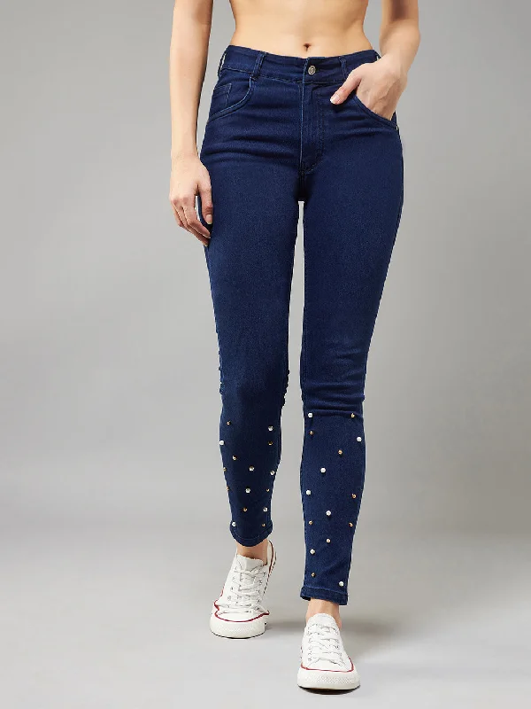 Office Jeans for Professional -Women's Navy Blue Skinny Fit High Rise Regular Length Pearl Embellished Clean Look Denim Stretchable Jeans