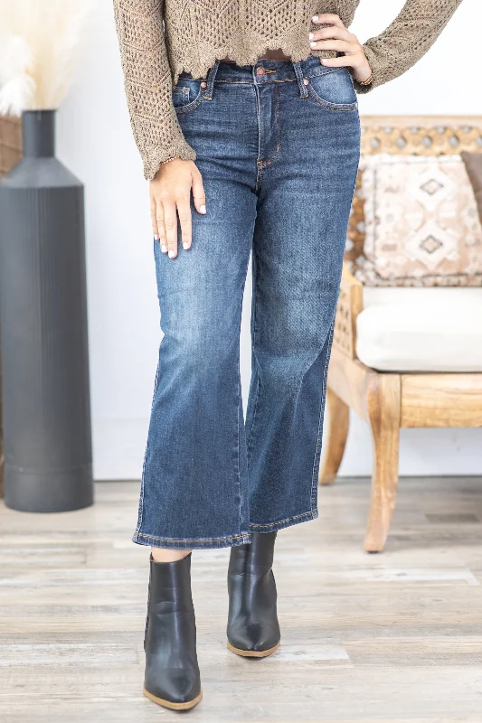 Eco-friendly straight jeans with sustainable dye process -Judy Blue Dark Tummy Control Crop Wide Jeans