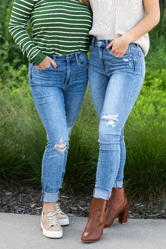 Raw denim straight jeans for authentic style -Judy Blue What's The Skinny Distressed Jeans