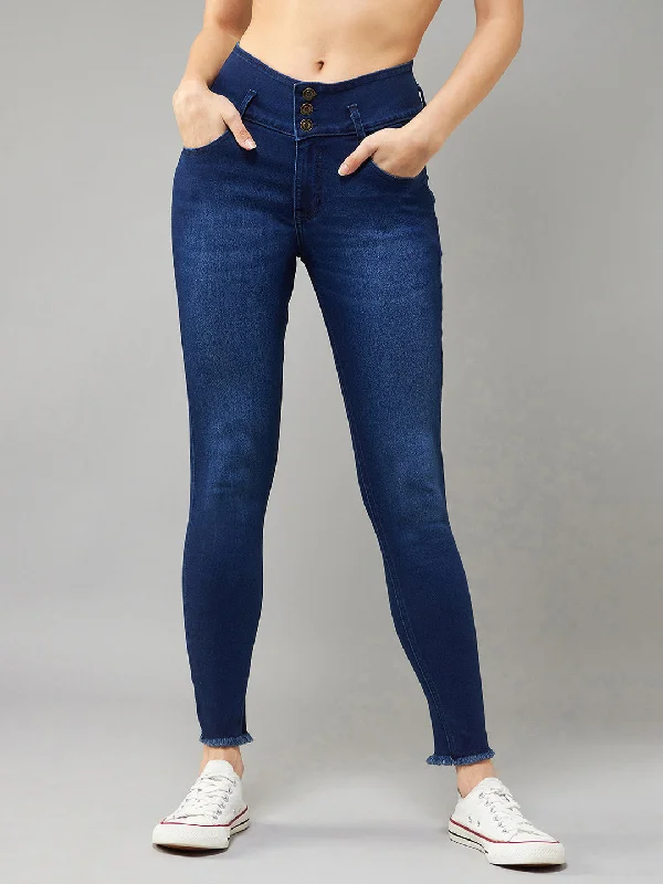 Embroidered Jeans for Detail -Women's Navy Blue Skinny High Rise Clean Look Regular Stretchable Denim Jeans