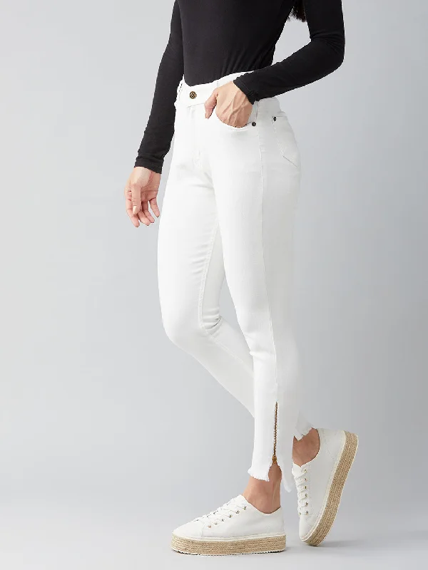 Blue Jeans for Everyday Wear -Women's White Skinny Fit High Rise Side Slit Raw Edge Detailing Clean Look Cropped Stretchable Denim Jeans