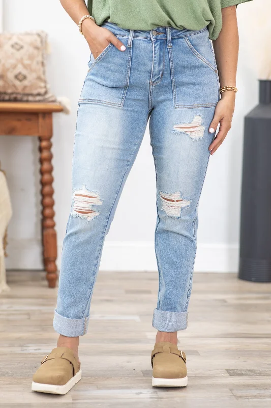 Stonewashed straight jeans for vintage cool appeal -Judy Blue Patch Pocket Distress Boyfriend Jeans