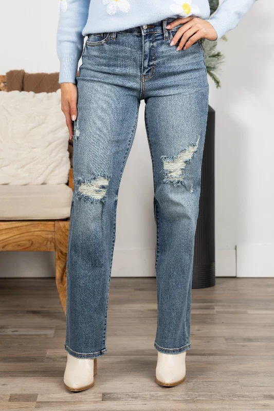 Mid-wash straight jeans for everyday versatility -Judy Blue High Waist Dad Straight Jeans