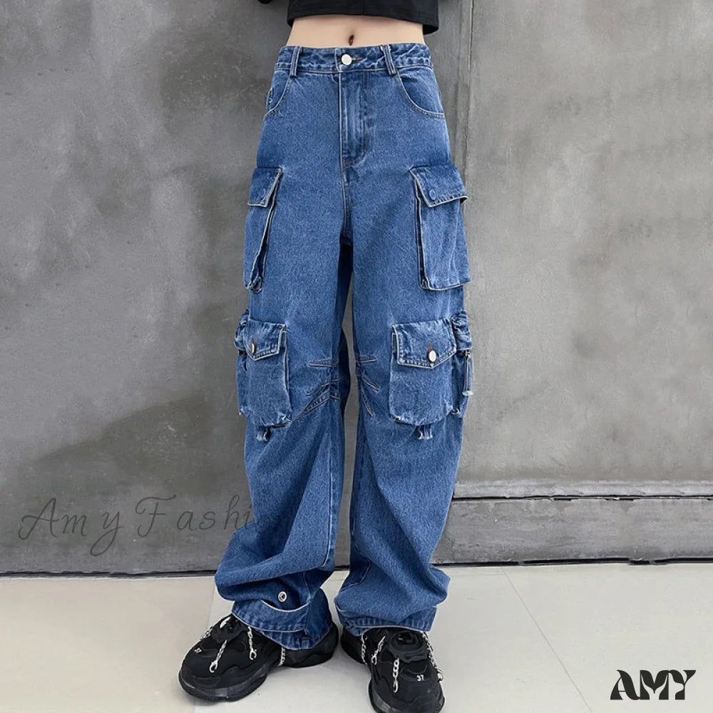 Breathable mesh pants for hot weather sports -Amy Fashion - Dark Blue Pockets Wide Leg Jeans