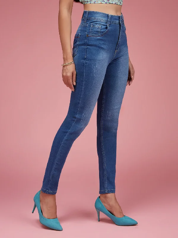 Light Wash Jeans for Casual -Women's Blue Skinny Fit High Rise Clean Look Regular Length Twill Tape Detailing Scraped Stretchable Denim Jeans