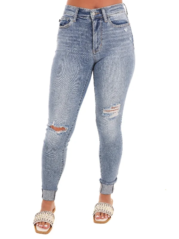 Breathable straight jeans for hot summer days -Mid Rise Destroy Skinny Jeans