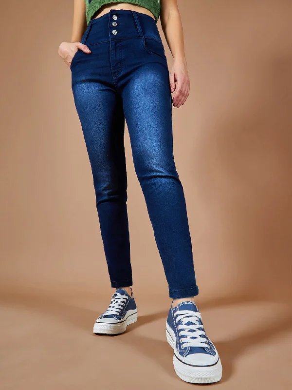 Work Jeans for Tough Jobs -Women's Navy Blue Skinny Fit High Rise Clean Look Regular Length Stretchable High Waist Denim Jeans