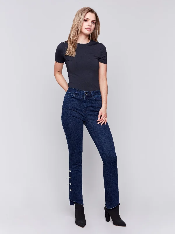 Eco-friendly hemp pants for sustainable clothing choices -Bootcut Jeans with Gem Buttons - Blue Black