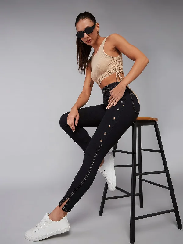 Back Pocket Jeans for Design -Women's Black Skinny High Rise Side Slit Solid Eyelet Embellished Cropped Length Stretchable Denim Jeans