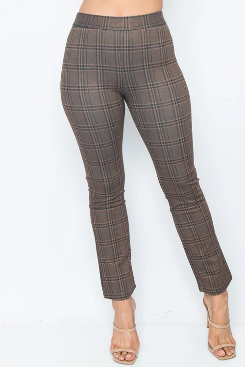 Designer black straight jeans for upscale nights -Cropped Dress Pants with Stretch Waistband in Honey Brown Plaid (PH23950)