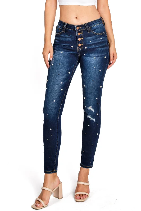 Leather Trim Jeans for Luxury -Pearl Drop Ankle Skinnys