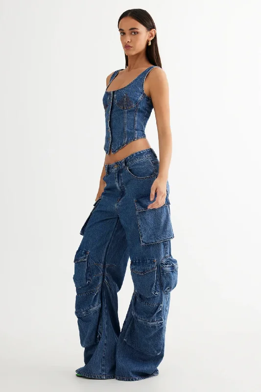 Lightweight travel pants with wrinkle-free fabric -LIONESS Smokeshow Jean Blue Denim