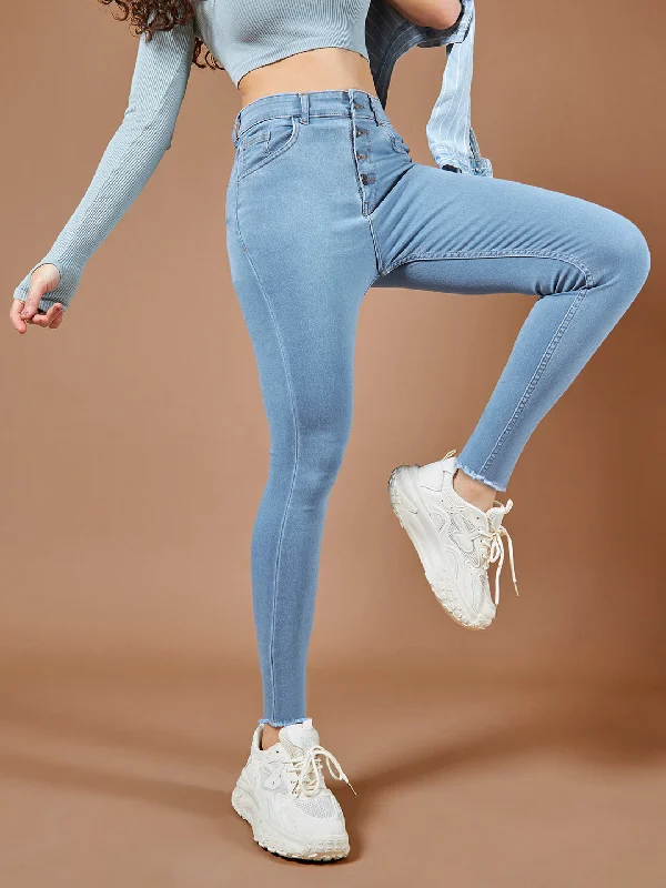 Frayed Hem Jeans for Edgy -CHASEstretch™ Women's Blue Skinny Solid High Rise Cropped Fringed Hemline Denim Jeans