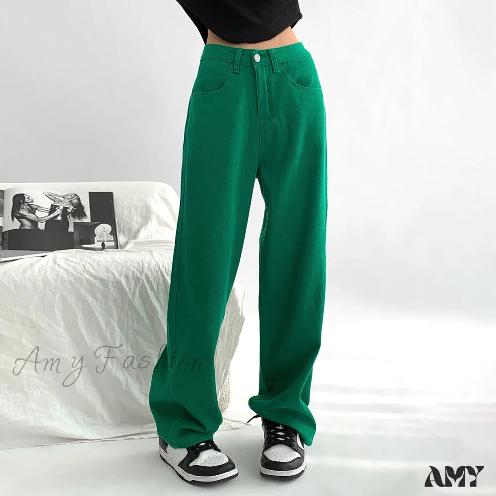 Stretch corduroy pants for cozy fall fashion -Amy Fashion - Green Baggy Waist Wide Leg Jeans Straight Denim Pants