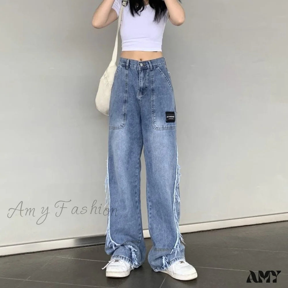 Stylish flare pants for retro party looks -Amy Fashion - Y2k Raw Edge Baggy Jeans