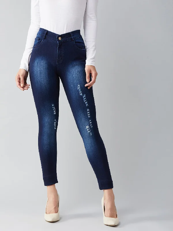 Flare Jeans for Retro Vibe -Women's Blue Skinny Fit Mid Rise Mildly Distressed Regular Length Ripped Denim Jeans