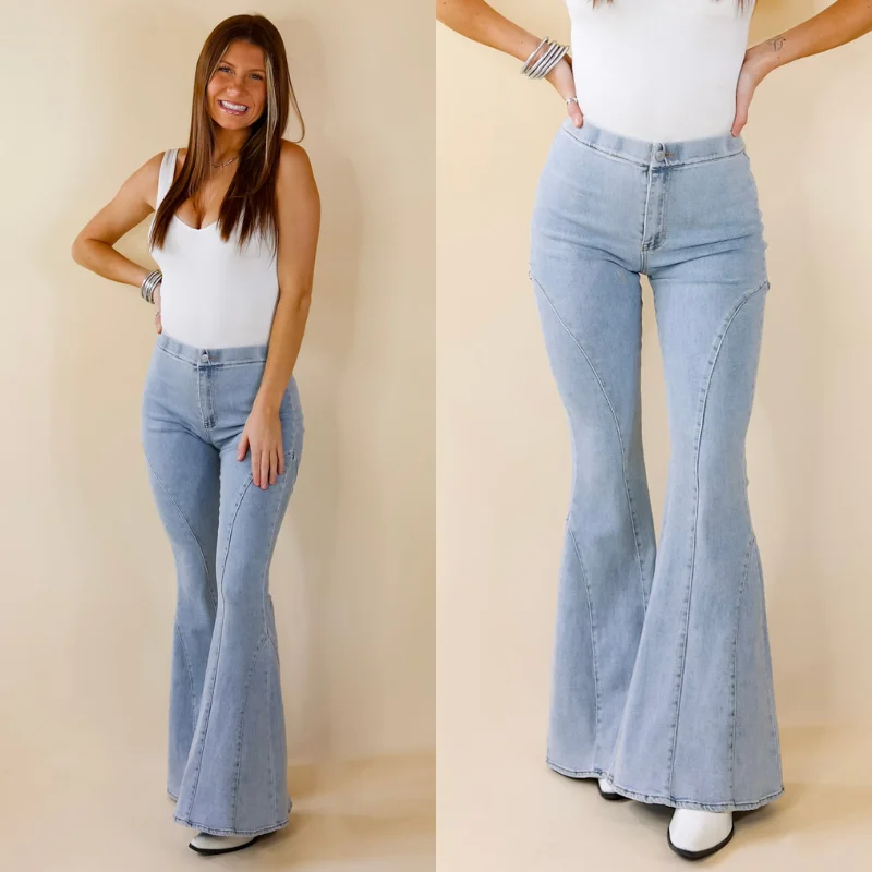 Relaxed fit pants for laid-back comfort wear -All I Needed Denim Bell Bottoms in Light Wash