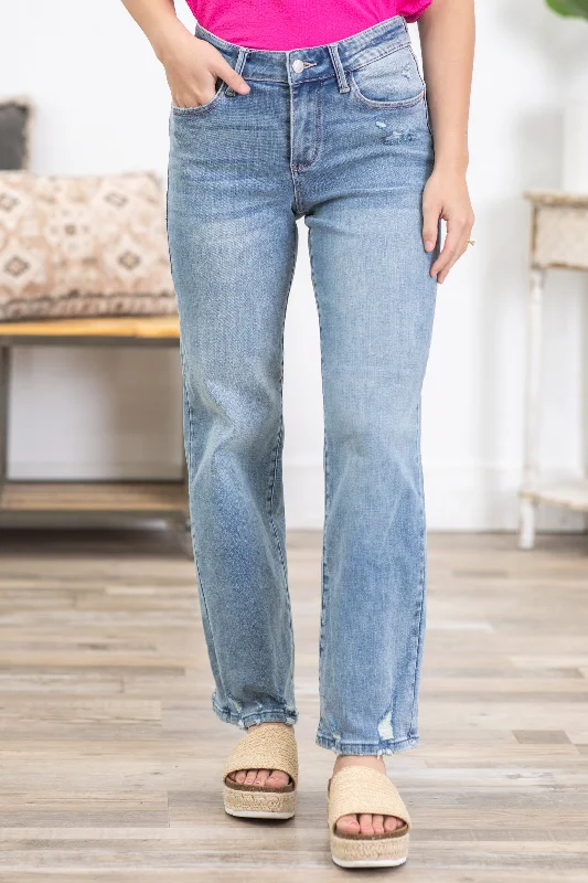 Affordable straight jeans for budget-friendly wardrobes -Judy Blue Medium Wash Distress Straight Jeans