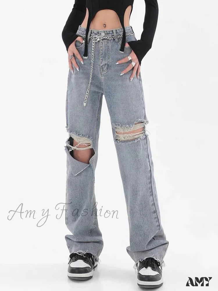 Soft stretch pants for all-day wear ease -Amy Fashion - Chic Casual Y2k Ripped Jeans