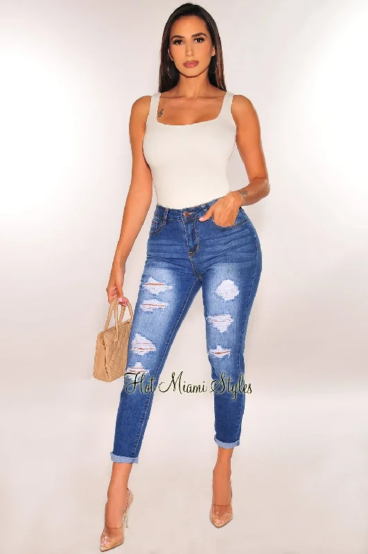 Durable straight jeans for rugged outdoor activities -Blue Denim Wash High Waisted Ripped Skinny Jeans