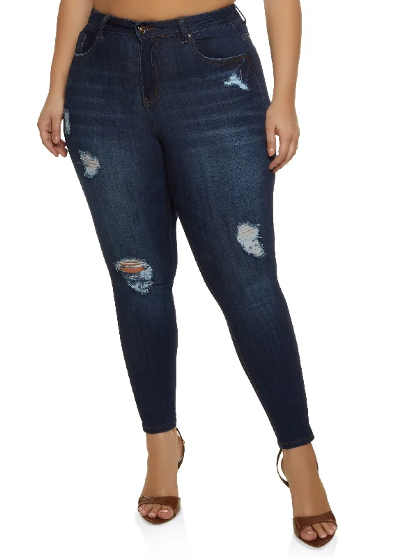 Decorated Back Pocket Jeans for Style -Plus Size WAX Distressed Stretch Skinny Jeans