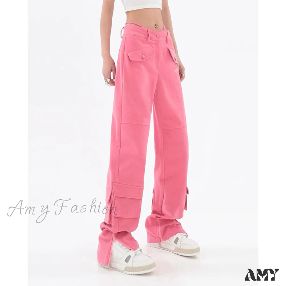 Lightweight culottes pants for summer fashion flair -Amy Fashion - Pocket Straight Vintage Pink Cargo Jeans