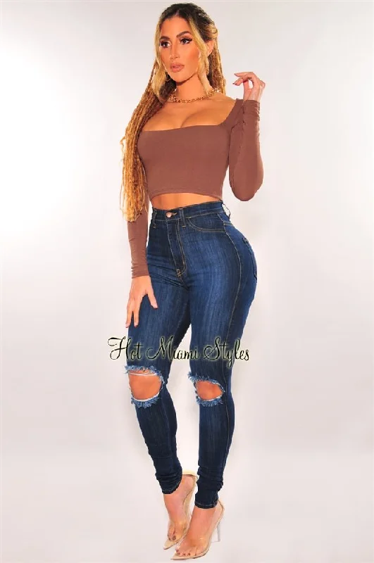 Distressed Jeans for Edgy Style -Dark Denim Ripped Knee High Waist Skinny Jeans