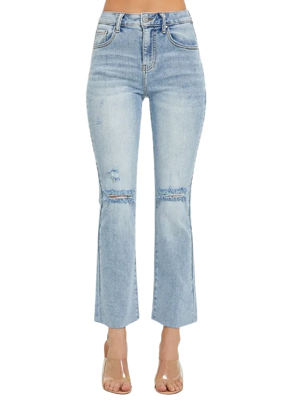 Distressed straight jeans for edgy street fashion -Retro Chic Crop Straight Jeans