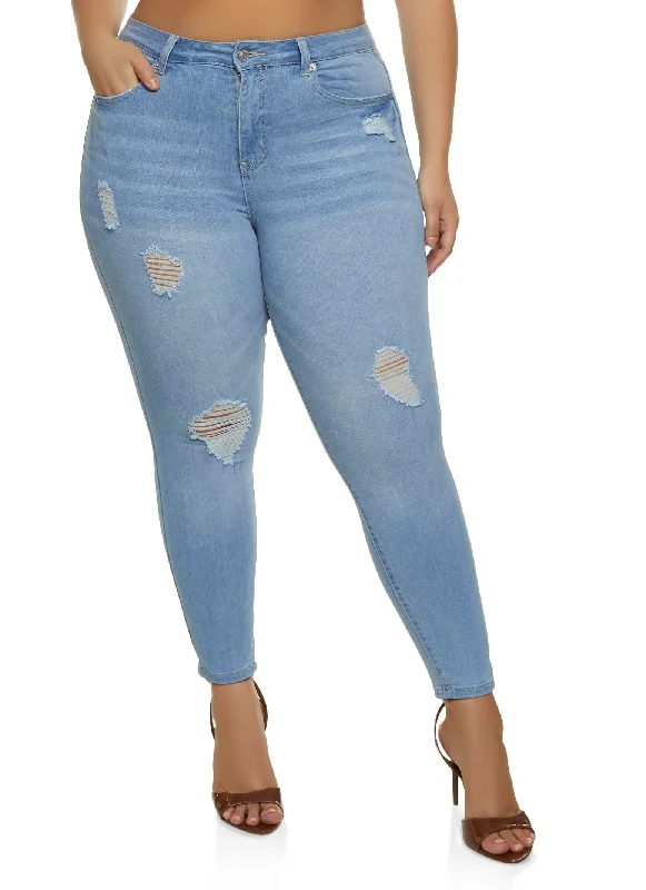 Painted Back Pocket Jeans for Artistic -Plus Size WAX Distressed Stretch Skinny Jeans