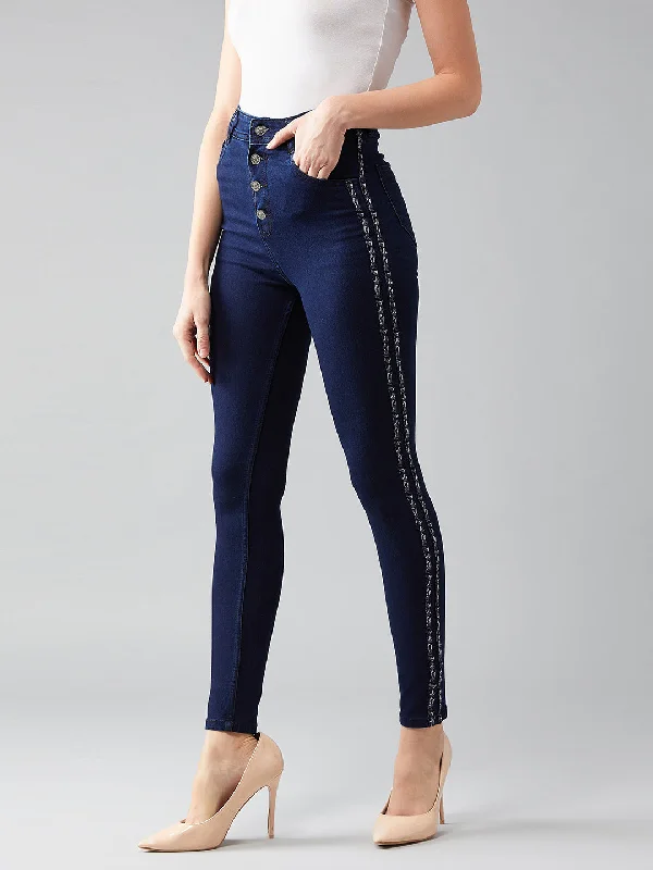 Travel Jeans for On-the-go -Women's Navy Blue Skinny High Rise Clean Look Cropped Denim Jeans