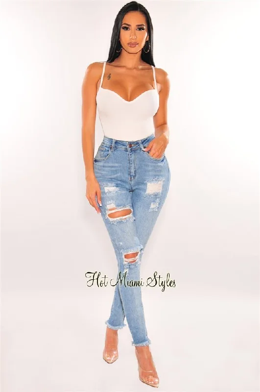 Straight Jeans for Classic Style -Light Denim High Waist Ripped Frayed Skinny Jeans