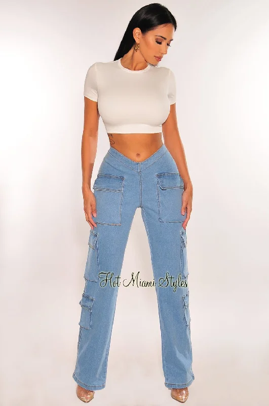 Soft stretch straight jeans for long wear -Light Denim V High Waist Wide Leg Cargo Jeans