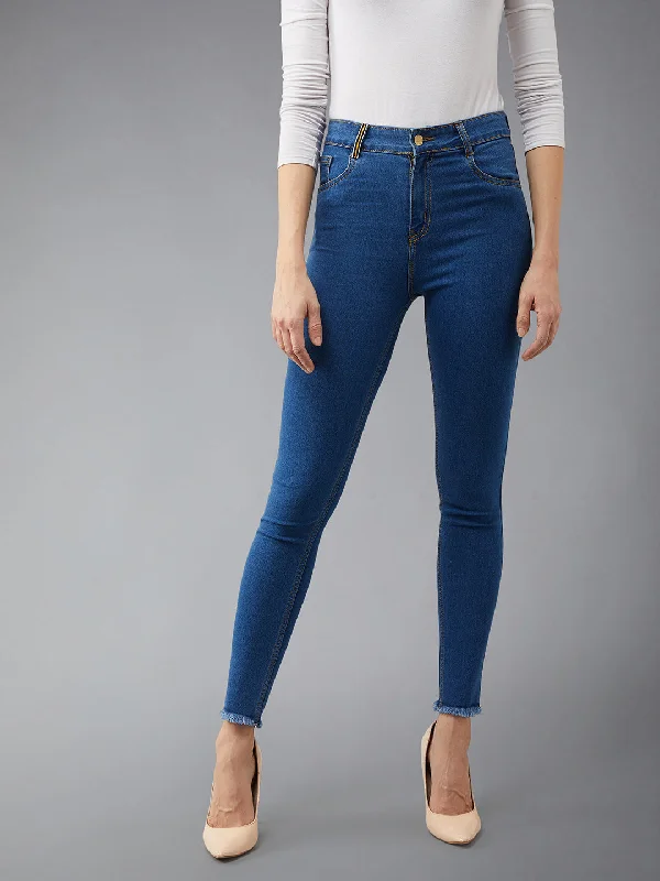 Fringed Jeans for Western -Women's Blue Skinny Fit High Rise Cropped Denim Stretchable Jeans