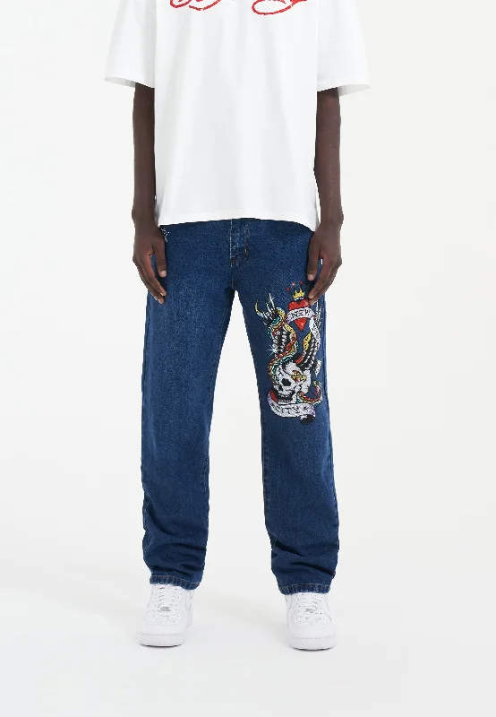 Relaxed cotton pants for breezy casual days -Mens Nyc-Skull Diamante Denim Trousers Jeans - Indigo