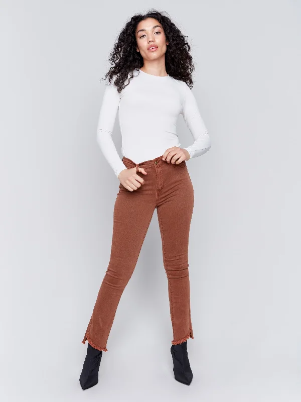 Designer leather pants for high-fashion nightwear -Bootcut Twill Pants with Asymmetrical Hem - Terracotta