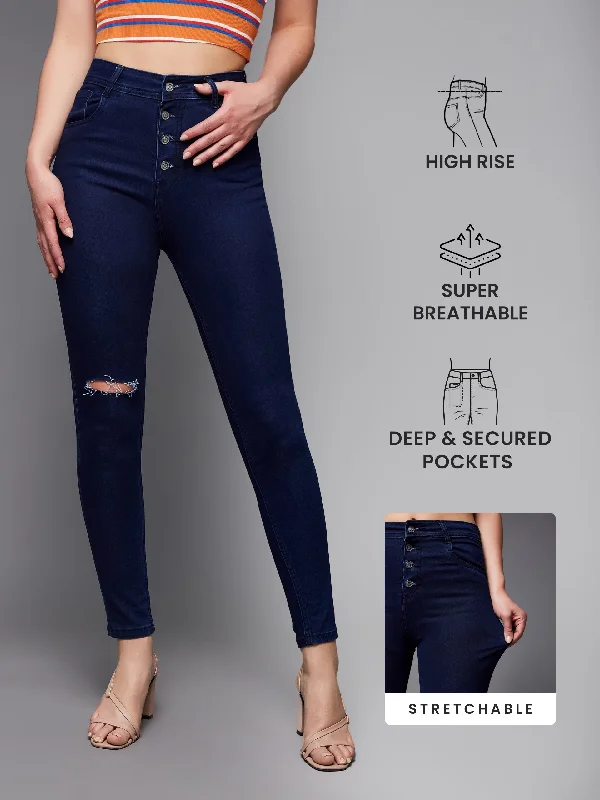 Cropped Jeans for Summer Look -Women's Navy Blue Skinny High Rise Knee Slit Denim Jeans