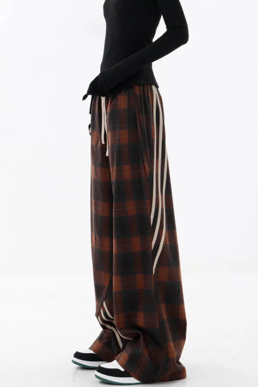 Stylish flare pants for retro party looks -Casual Plaid Wide-Leg Pants & Three-Bar Stitched Design