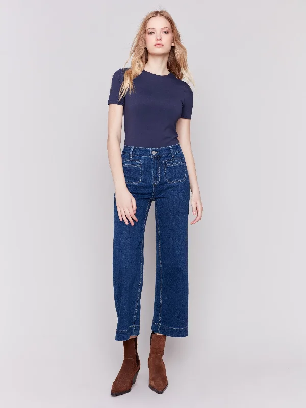 Weather-resistant pants for unpredictable climate needs -Patch Pocket Flare Jeans - Indigo