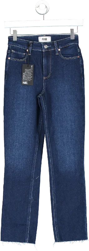 Trendy straight jeans with rolled cuff style -PAIGE Blue Cindy High Rise Straight Leg Cropped Raw Hem Jeans W24