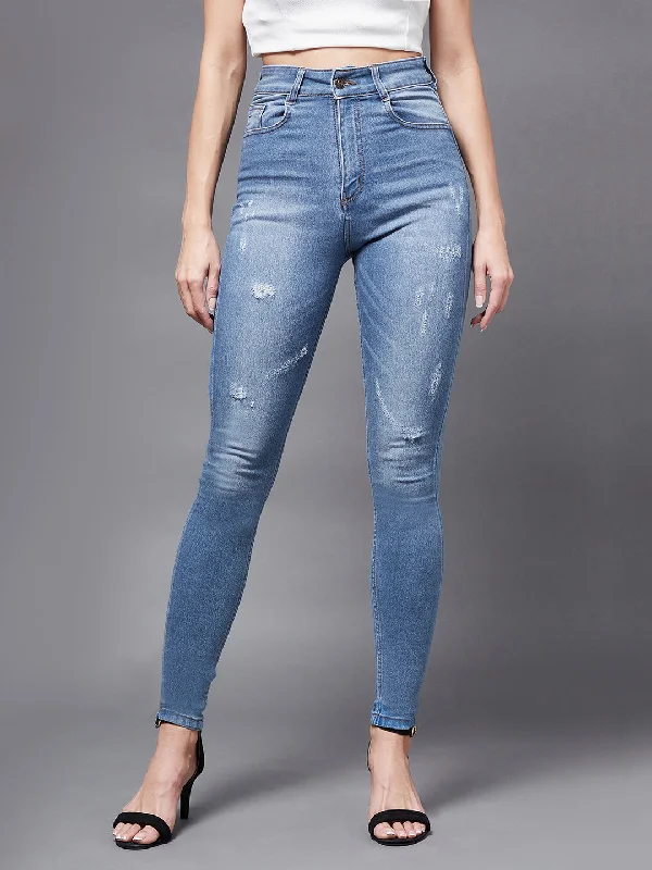 Slim Boyfriend Jeans for Hybrid -Women's Blue Skinny High Rise Mild Distress Regular Stretchable Denim Jeans