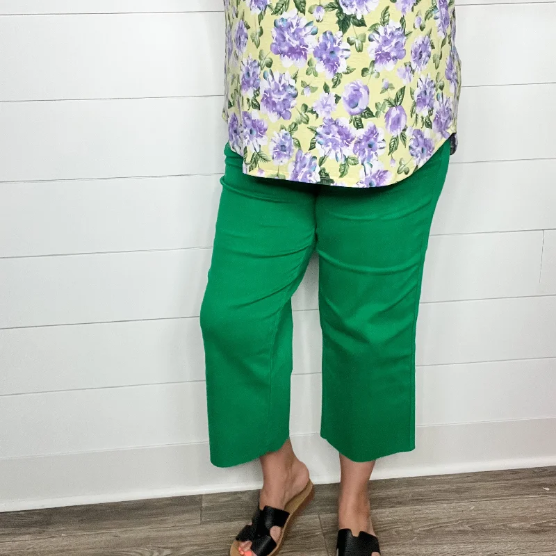 Petite straight jeans for shorter leg lengths -Judy Blue "Seeing Green" Kelly Green Tummy Control Wide Leg Crops