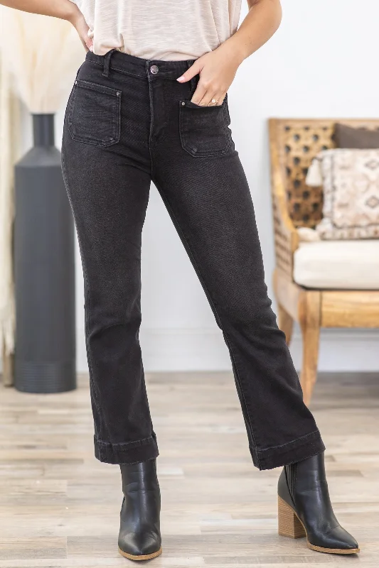 Black stretch straight jeans for sleek comfort -Risen Black High Rise Crop Flare Pocket Jeans